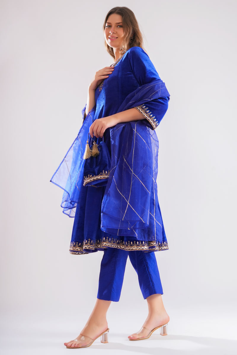 Sapphire Anarkali Set With Potli