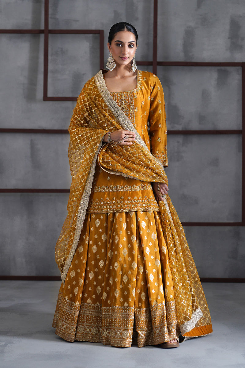 Mustard embroidered kurti, brocade lehenga and dupatta