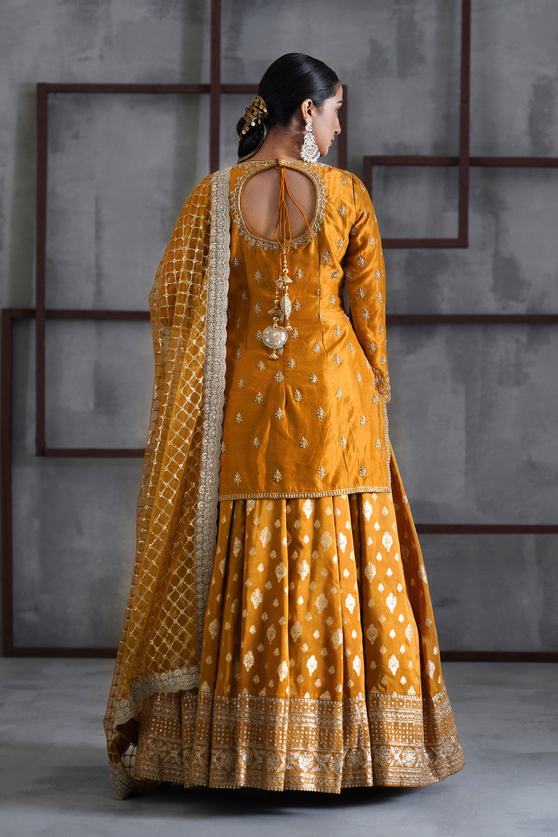 Mustard embroidered kurti, brocade lehenga and dupatta