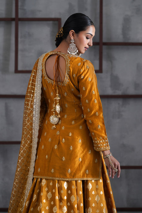 Mustard embroidered kurti, brocade lehenga and dupatta