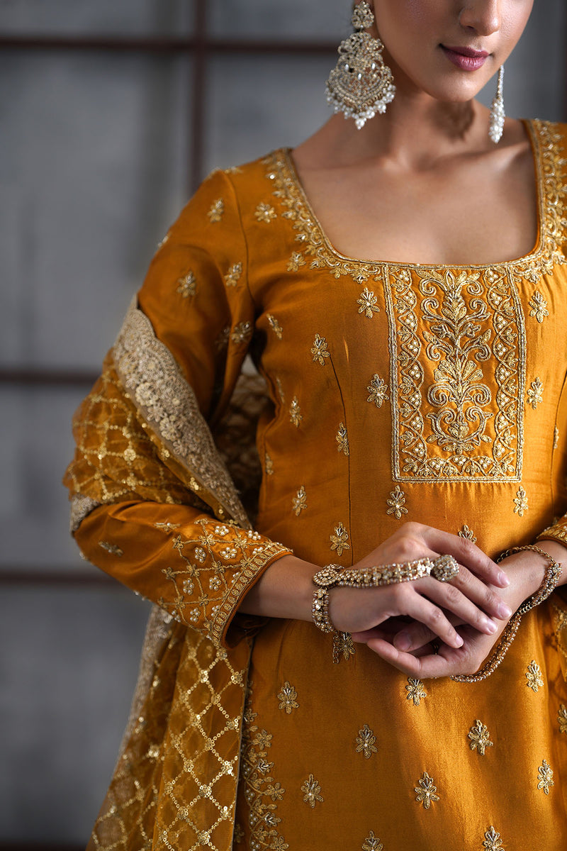 Mustard embroidered kurti, brocade lehenga and dupatta