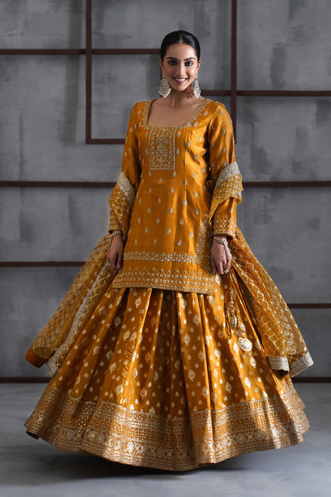 Mustard embroidered kurti, brocade lehenga and dupatta