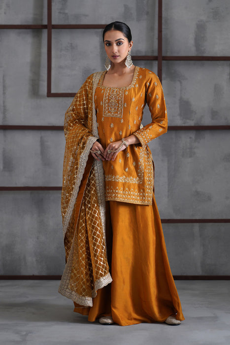 Mustard embroidered kurti, Sharara and dupatta