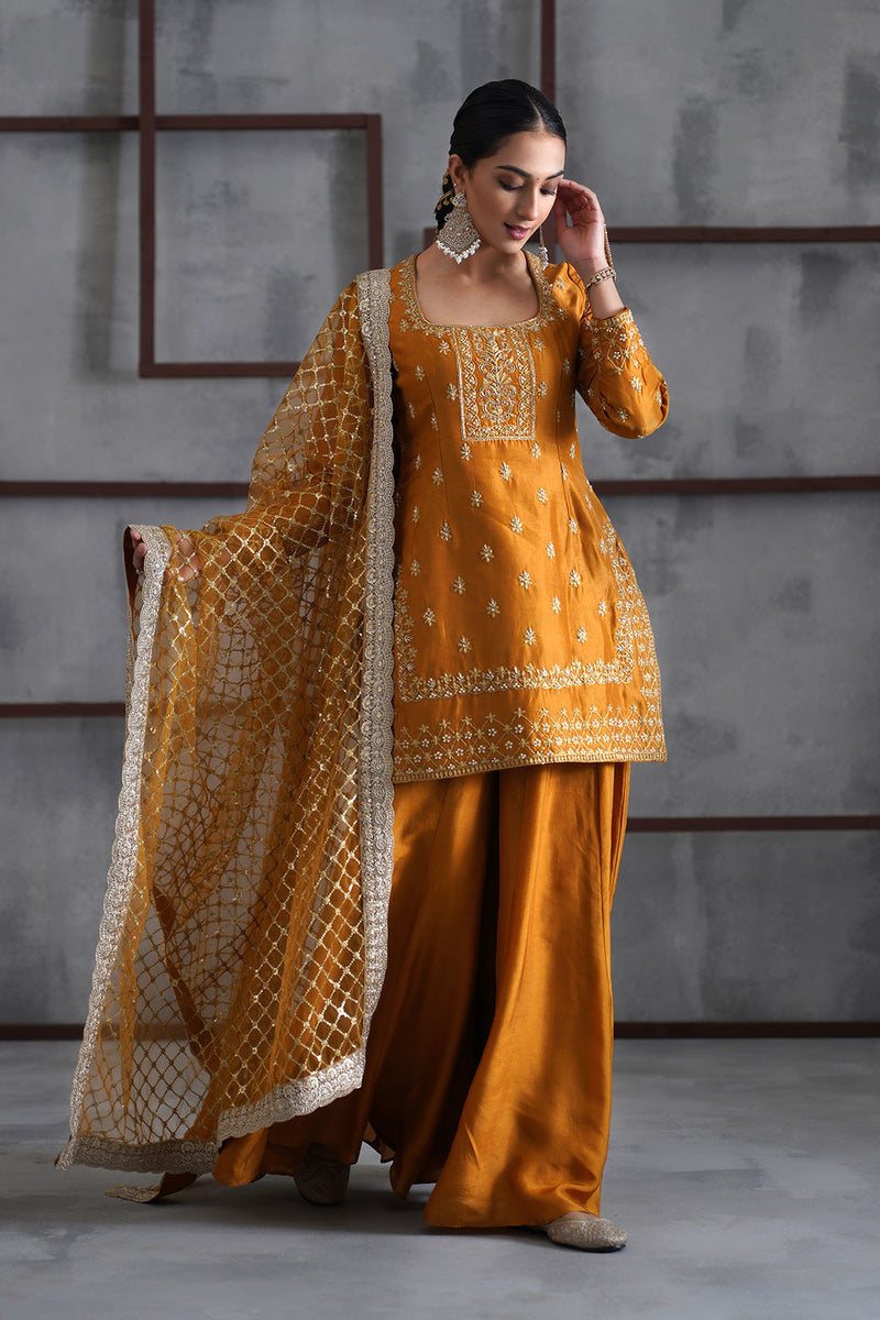 Mustard embroidered kurti, Sharara and dupatta