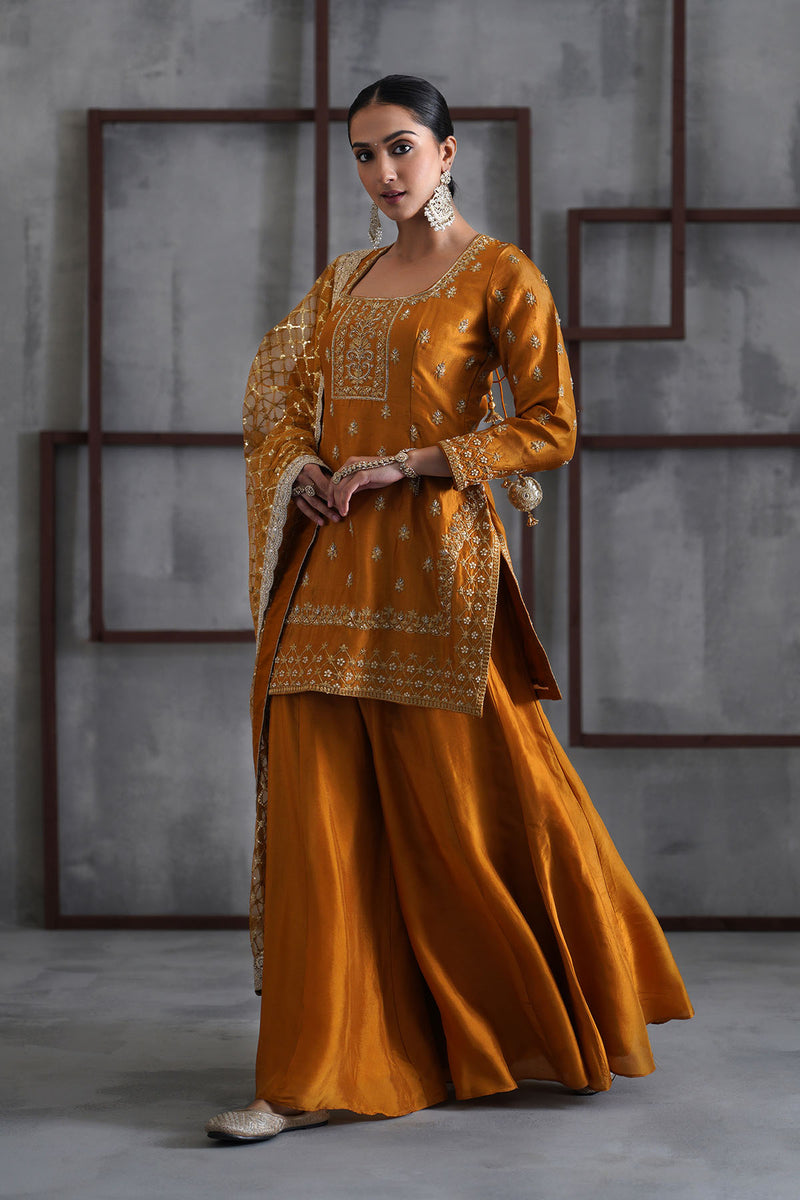 Mustard embroidered kurti, Sharara and dupatta