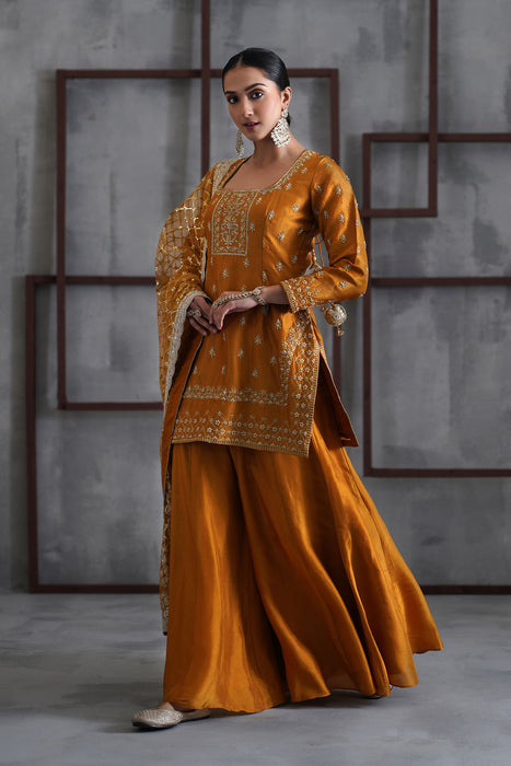 Mustard embroidered kurti, Sharara and dupatta