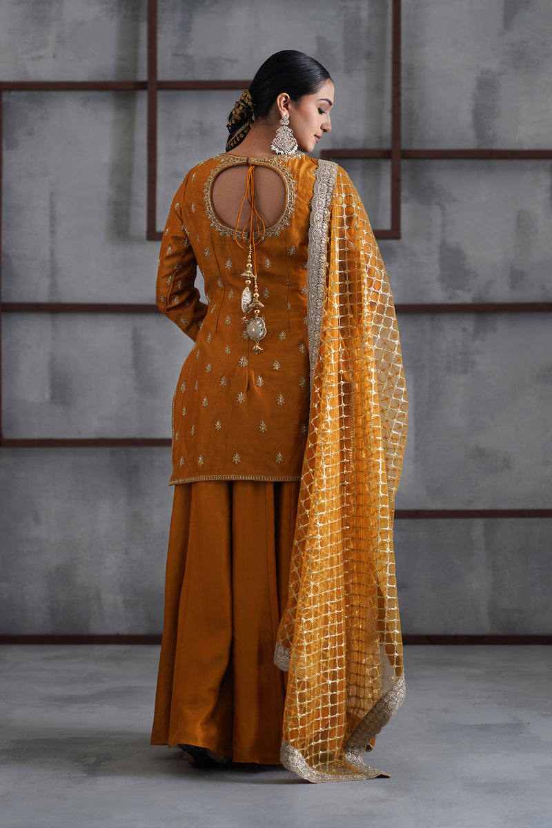 Mustard embroidered kurti, Sharara and dupatta