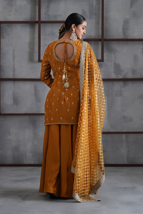 Mustard embroidered kurti, Sharara and dupatta
