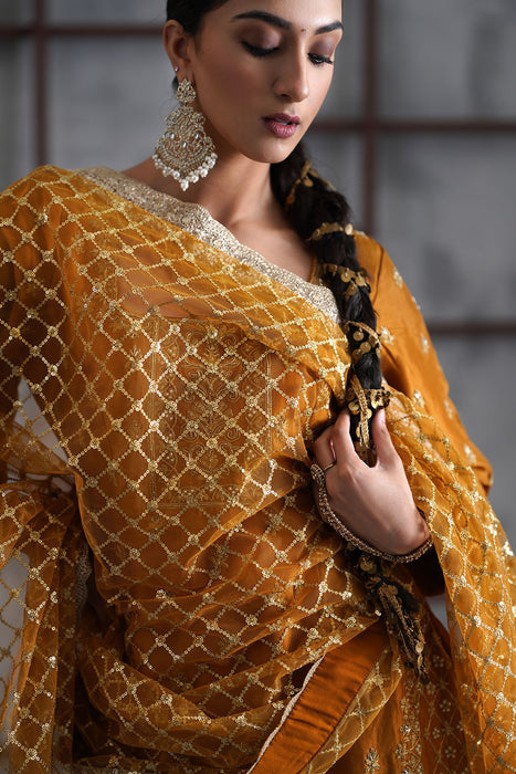 Mustard embroidered kurti, brocade lehenga and dupatta