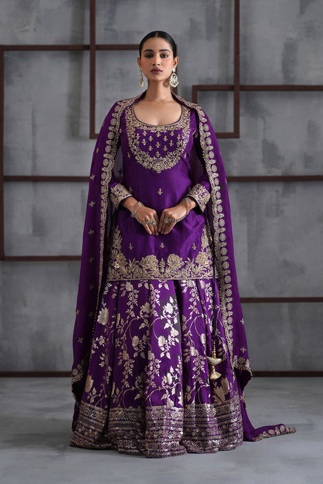 Purple embroidered Kurti, Banarsi lehenga and dupatta