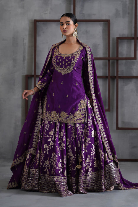 Purple embroidered Kurti, Banarsi lehenga and dupatta