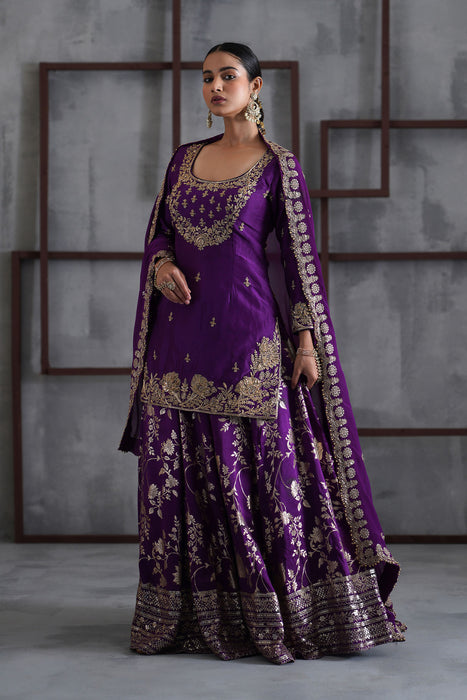 Purple embroidered Kurti, Banarsi lehenga and dupatta