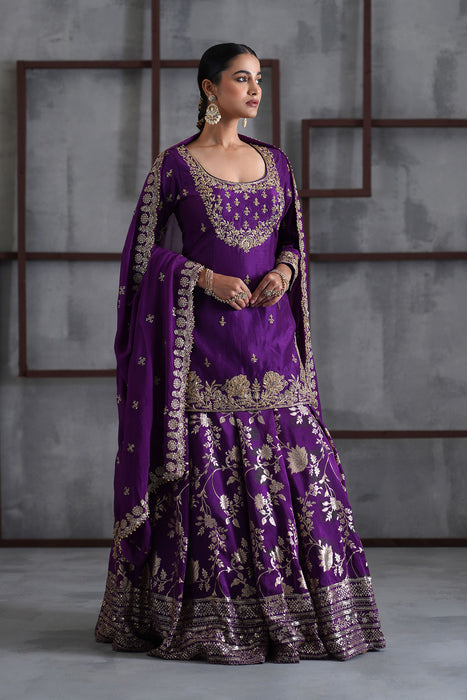 Purple embroidered Kurti, Banarsi lehenga and dupatta