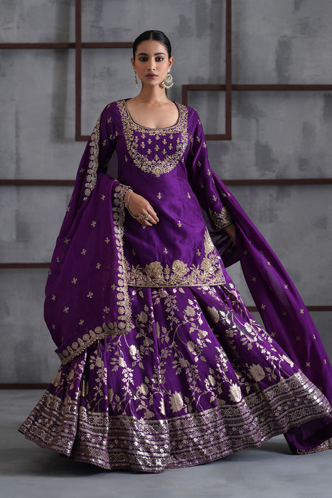 Purple embroidered Kurti, Banarsi lehenga and dupatta