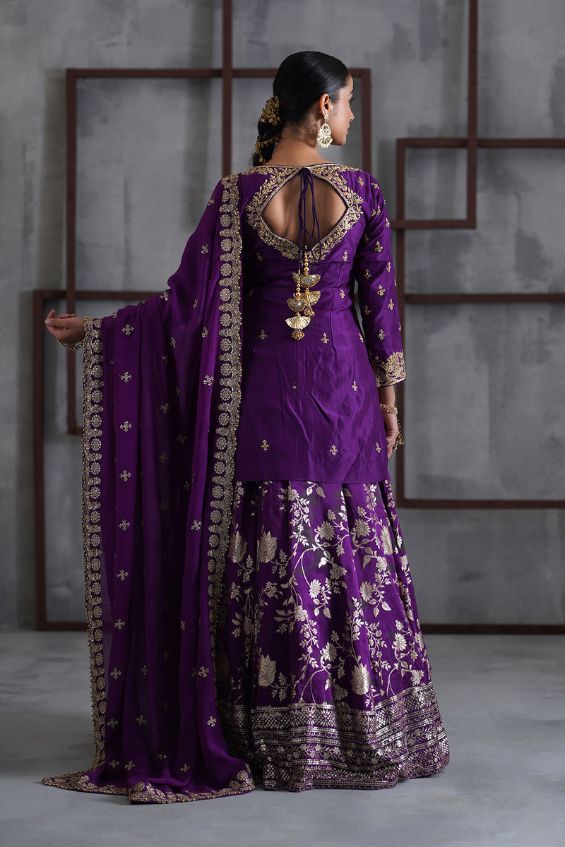 Purple embroidered Kurti, Banarsi lehenga and dupatta
