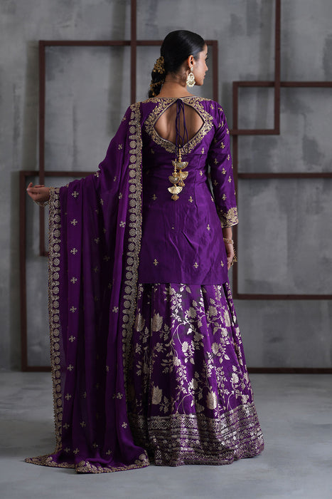 Purple embroidered Kurti, Banarsi lehenga and dupatta