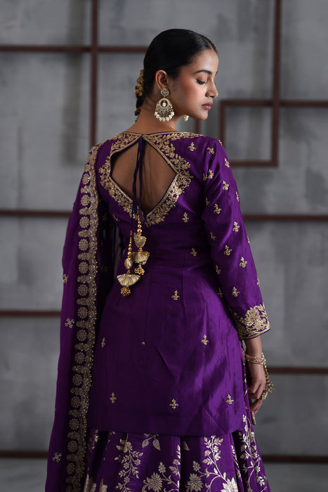Purple embroidered Kurti, Banarsi lehenga and dupatta