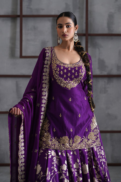 Purple embroidered Kurti, Banarsi lehenga and dupatta