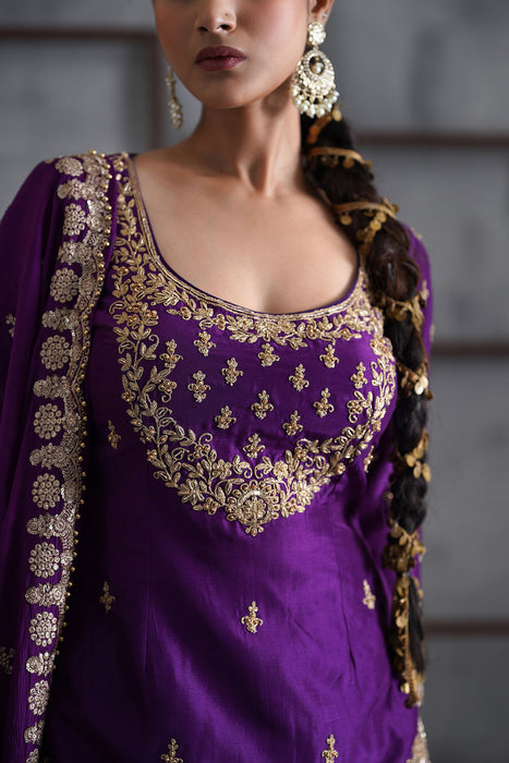 Purple embroidered Kurti, Banarsi lehenga and dupatta