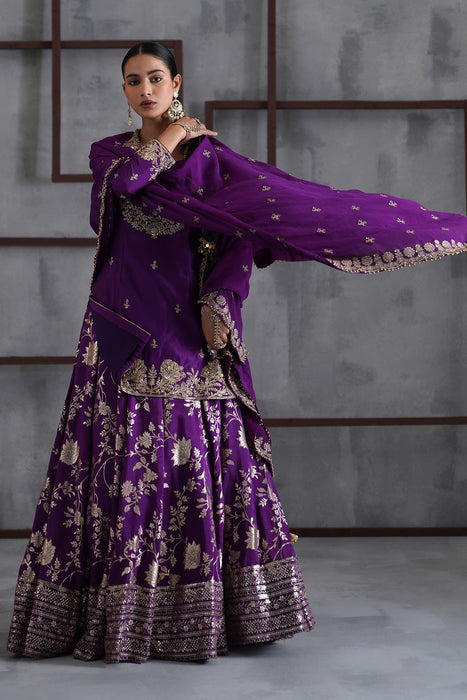 Purple embroidered Kurti, Banarsi lehenga and dupatta