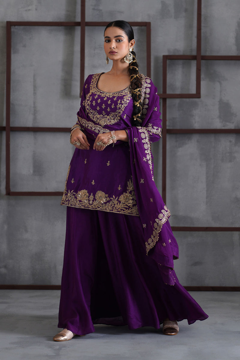 Purple embroidered Kurti, Sharara and dupatta