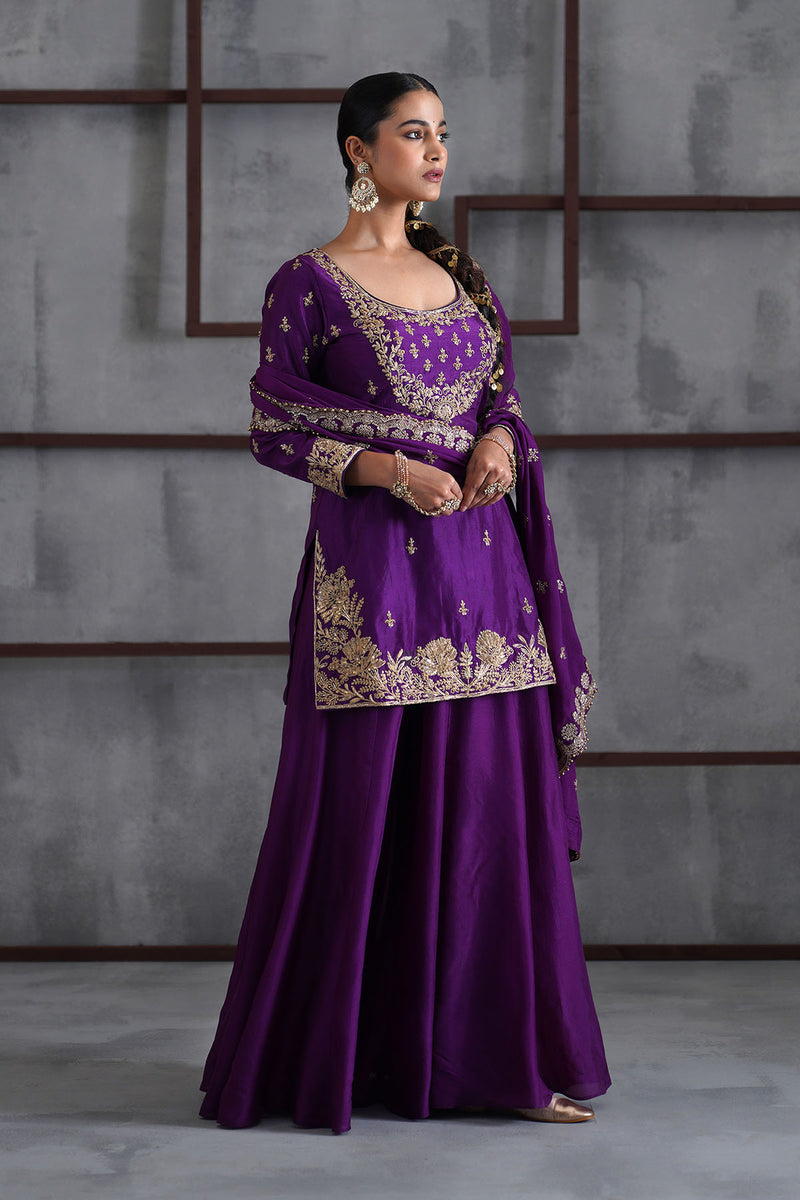 Purple embroidered Kurti, Sharara and dupatta