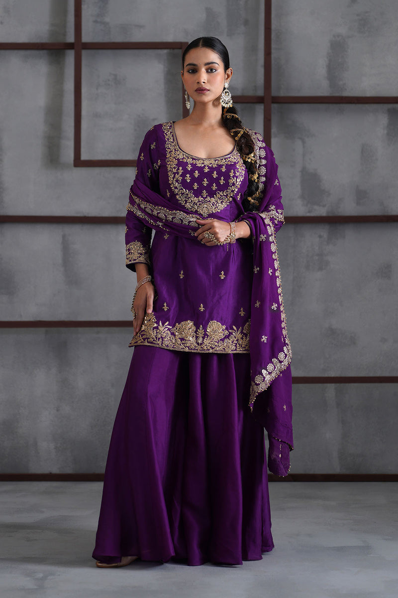 Purple embroidered Kurti, Sharara and dupatta
