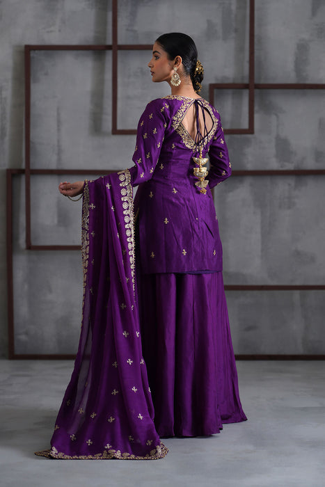 Purple embroidered Kurti, Sharara and dupatta
