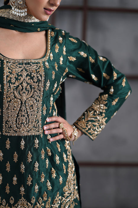 Green embroidred kurti, booti sharara and dupatta