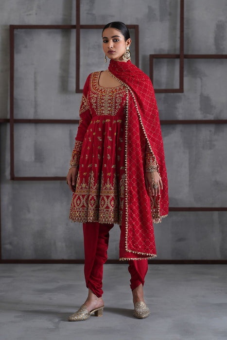 Red embroidered anarkali,Tulip pants,dupatta