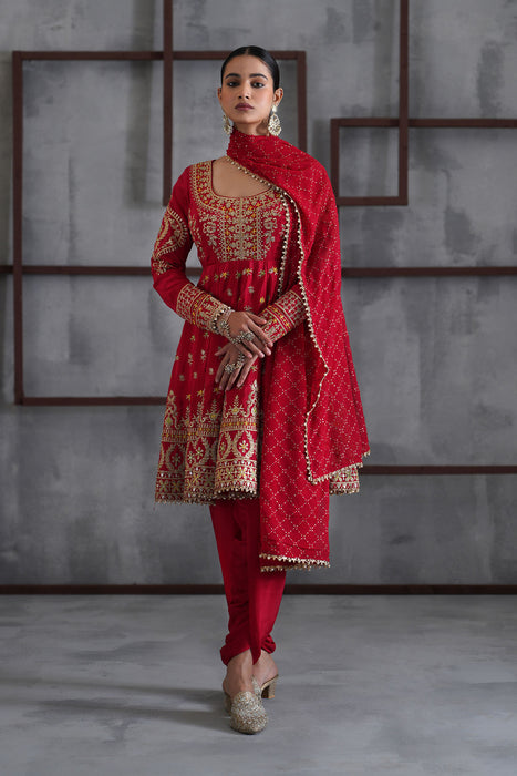Red embroidered anarkali,Tulip pants,dupatta