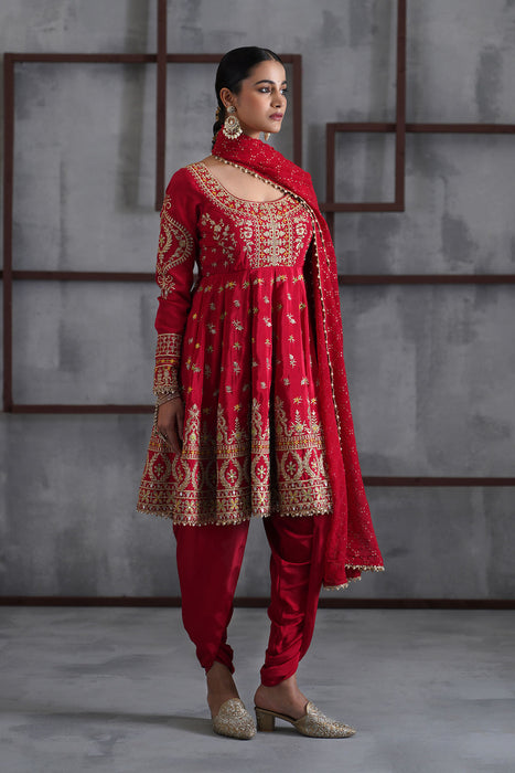 Red embroidered anarkali,Tulip pants,dupatta