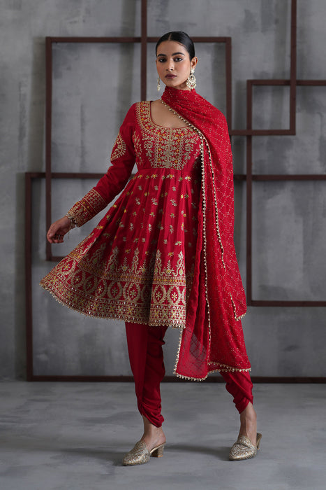 Red embroidered anarkali,Tulip pants,dupatta