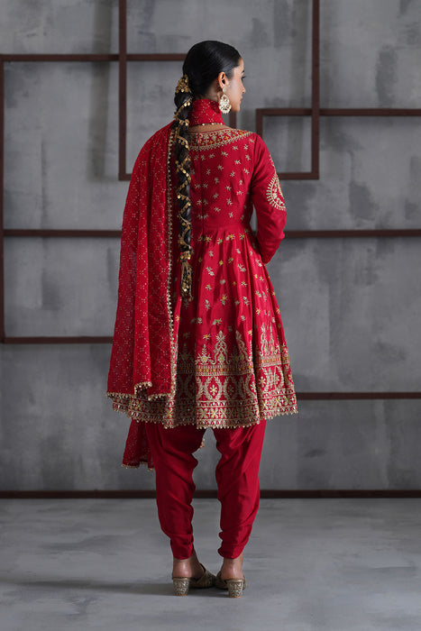 Red embroidered anarkali,Tulip pants,dupatta