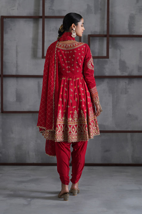 Red embroidered anarkali,Tulip pants,dupatta