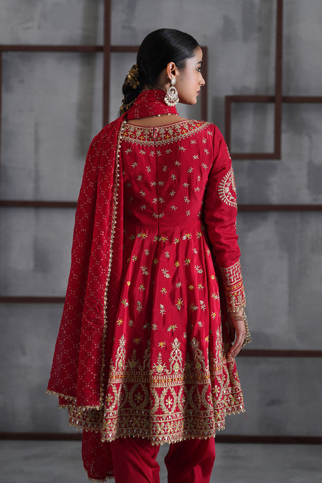 Red embroidered anarkali,Tulip pants,dupatta