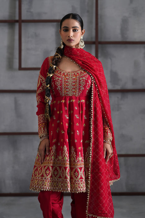 Red embroidered anarkali,Tulip pants,dupatta