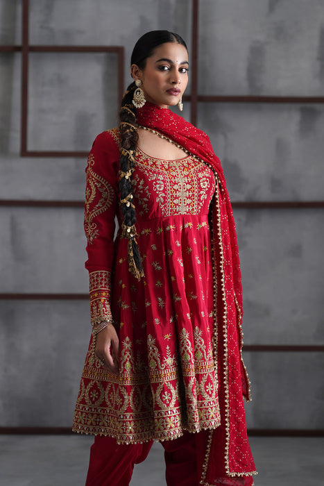 Red embroidered anarkali,Tulip pants,dupatta