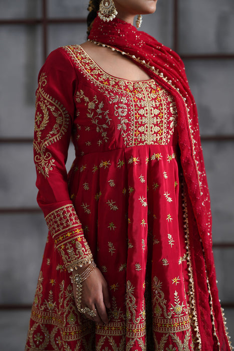 Red embroidered anarkali,Tulip pants,dupatta