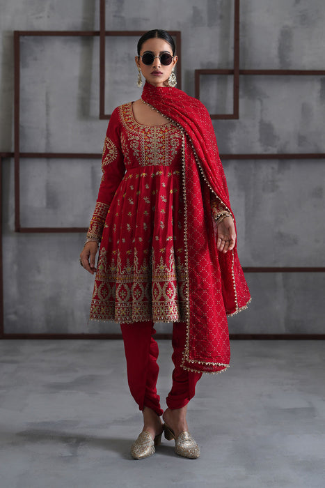 Red embroidered anarkali,Tulip pants,dupatta