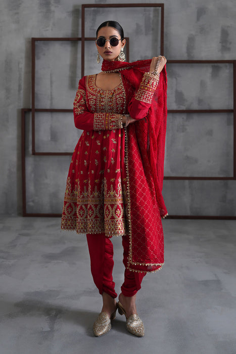 Red embroidered anarkali,Tulip pants,dupatta
