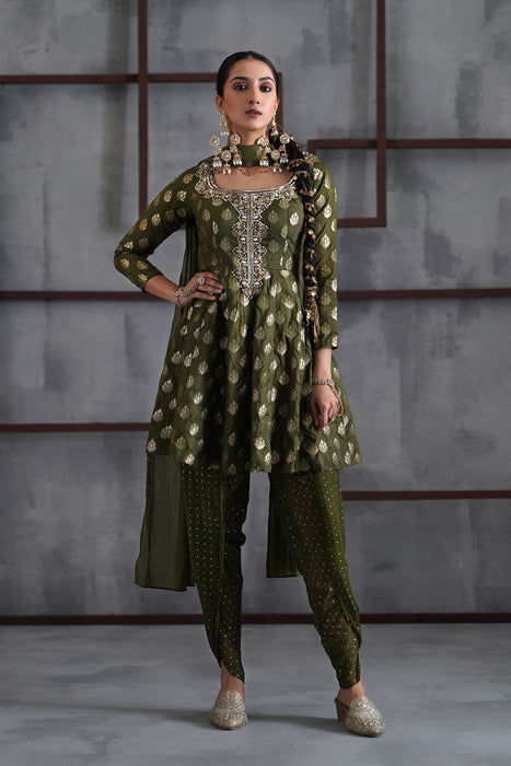 Olive green peplum, tulip salwar, Choker dupatta