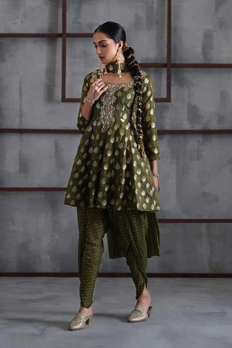 Olive green peplum, tulip salwar, Choker dupatta