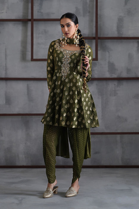 Olive green peplum, tulip salwar, Choker dupatta