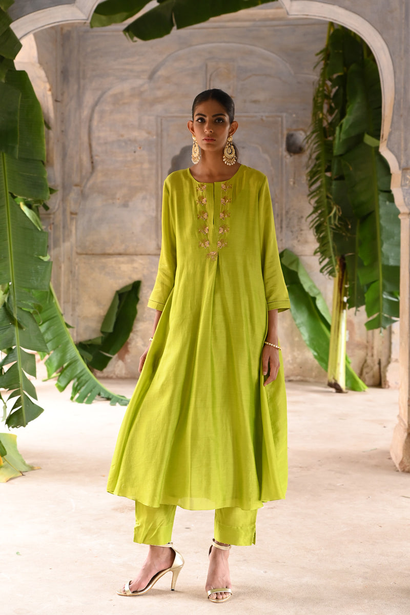 Lime Green Back Pleated Kurta Set