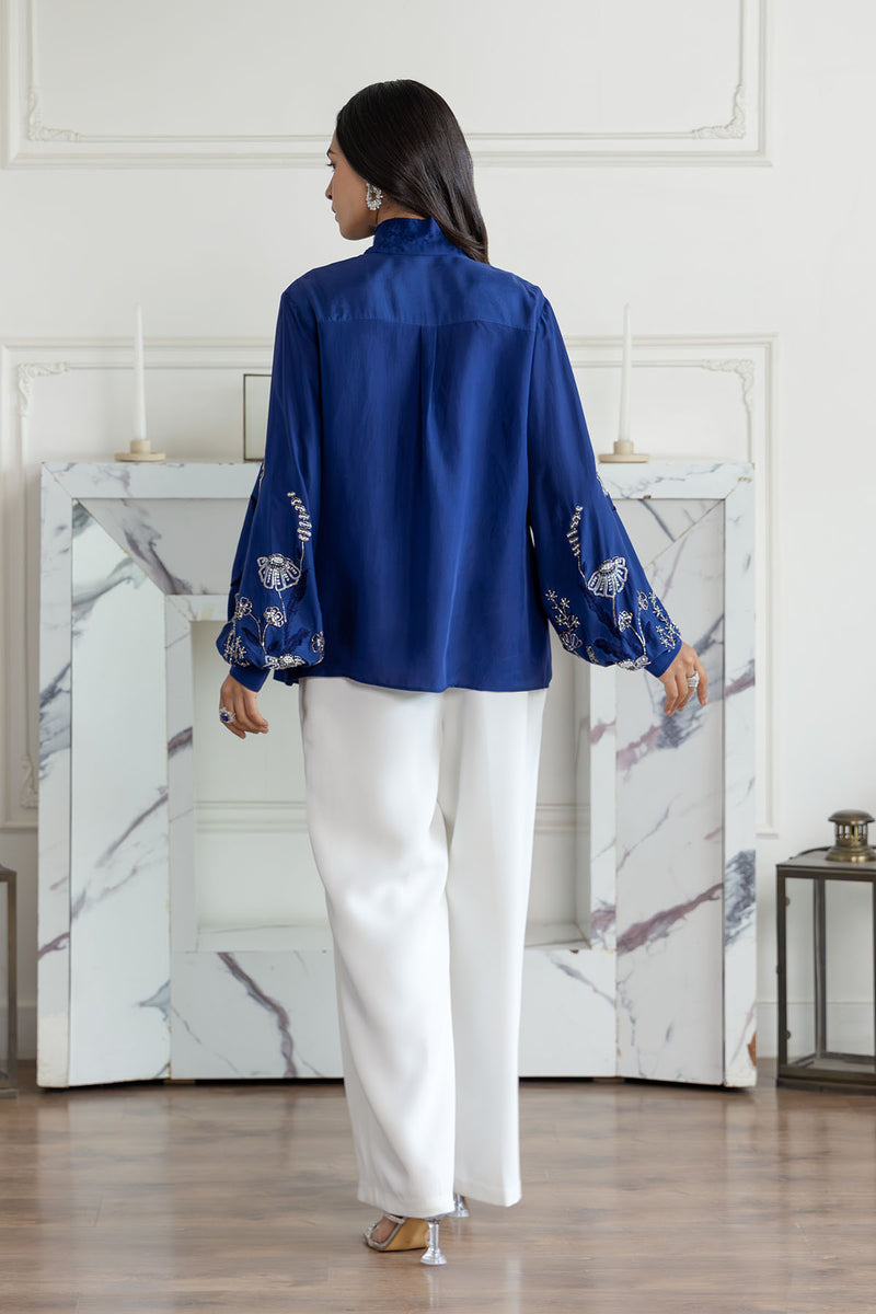 Amariel Navy Blue Hand embroidered French Lace Bow Habotai Silk Shirt