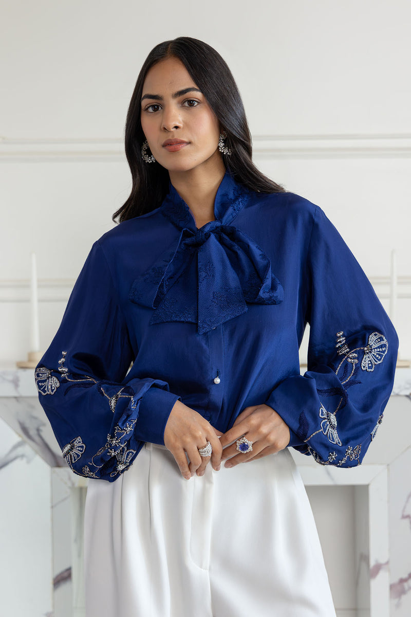 Amariel Navy Blue Hand embroidered French Lace Bow Habotai Silk Shirt