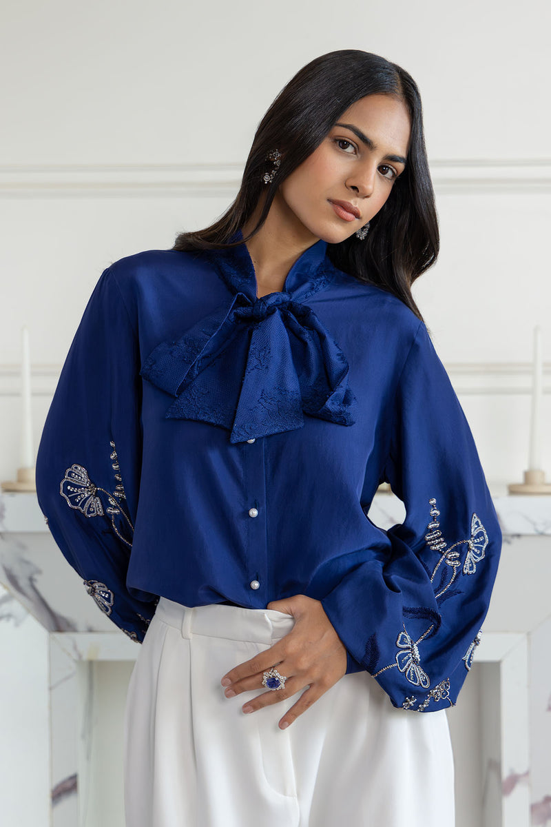 Amariel Navy Blue Hand embroidered French Lace Bow Habotai Silk Shirt