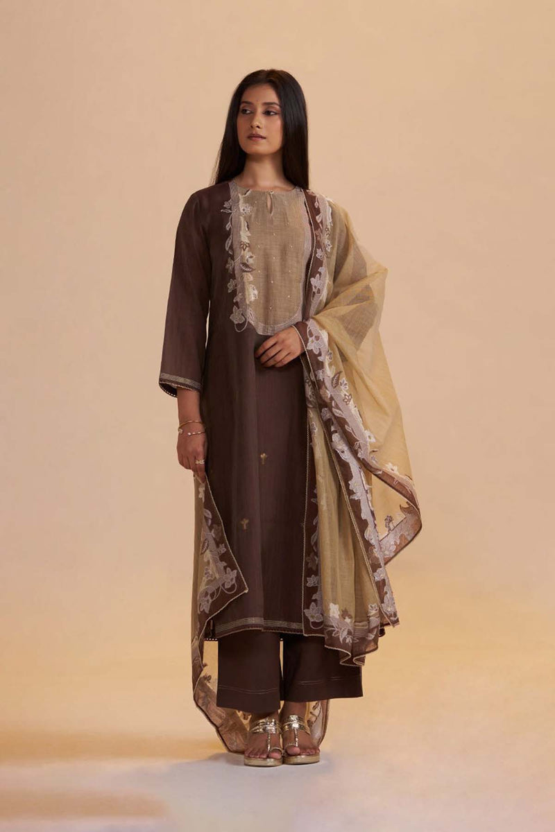 Deep Mahogany Woven Kurta Set