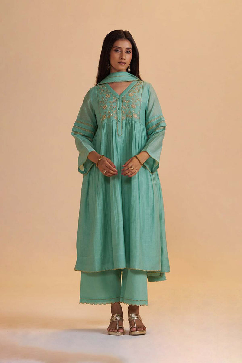 Dusty Jade Green Silk Festive Kurta Set